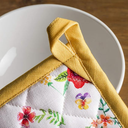 Maison d' Hermine Pot Holders 100% Cotton Heat Resistant Potholders 8" x 8" Hot Pads with Loop Baking Hotel Farmhouse Kitchen Handling Hot Pans Spring Summer (Pack of 2, Happy Florals - Sweety)
