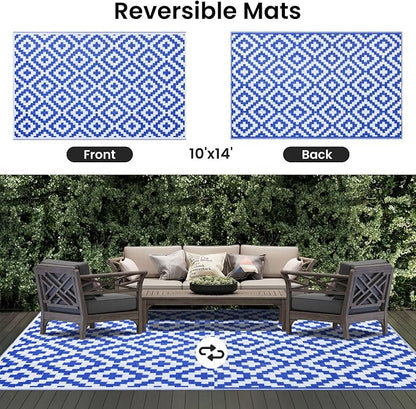 Smiry Outdoor Rug 10x14 ft Waterproof Reversible Boho Mat, White & Blue | Polypropylene Plastic Straw, Quick Drying, Lightweight Foldable, for Patio, Deck, RV Camping, Backyard and Indoor Outdoor Use