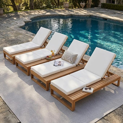 Merax 4-Piece Teak Finish Acacia Wood Chaise Lounge with 4-Inch Cream 3-Fold Water-Resistant Cushion Set, 4-Position Adjustable Outdoor Patio Lounger with Flat Side Surface, for Poolside