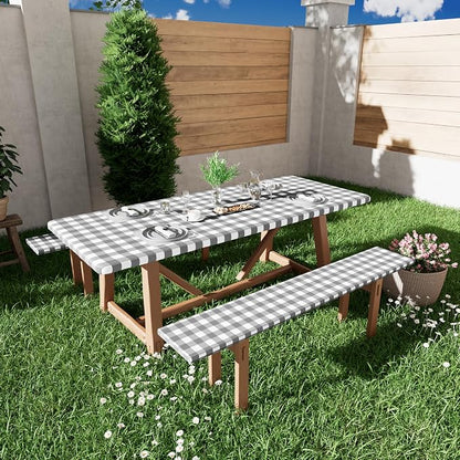 Smiry Picnic Table Cover with Bench Covers, Waterproof Elastic Fitted Tablecloths for 8 Foot Rectangle Tables, Washable Buffalo Plaid Tablecloth for Camping, Outdoor (Grey & White, 30"x96")