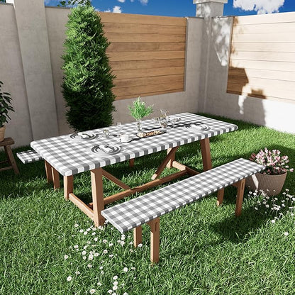 Smiry Picnic Table Cloth 2 Pack, Waterproof Elastic Fitted Tablecloths for 6FT Rectangle Tables, Washable Polyester Buffalo Plaid Tablecloth for Camping, Dining & Outdoor (Grey & White, 30" x 72")