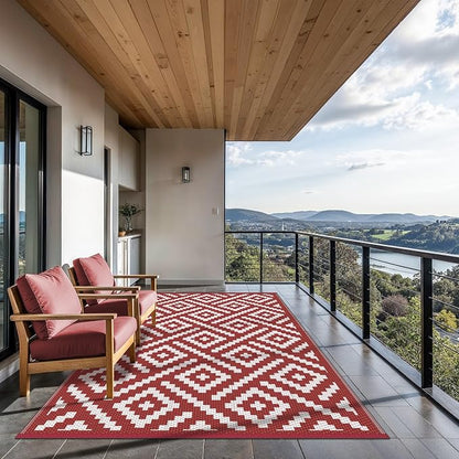GENIMO Outdoor Rug, Waterproof Plastic Rugs for Patio, 6'x9' Red White | Outside Larger Modern Carpet Mat for Porch Decor, Deck, Balcony, Camping, RV, Backyard, Picnic, Beach, Reversible, Foldable