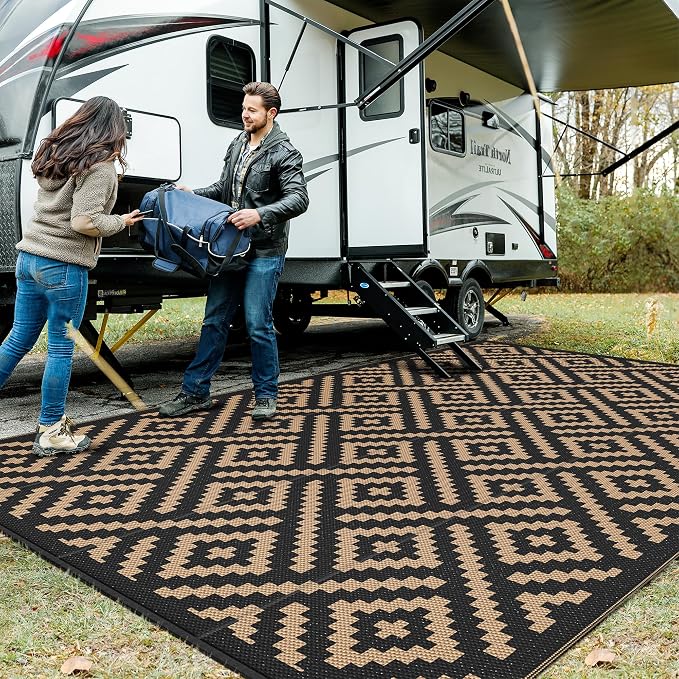 GENIMO Outdoor Rug, Waterproof Plastic Rugs 10'x14' for Camping Black Brown | Outside Larger Modern Carpet Mat for Patio Decor, RV, Porch, Camper, Deck, Picnic, Beach, Backyard, Reversible, Foldable