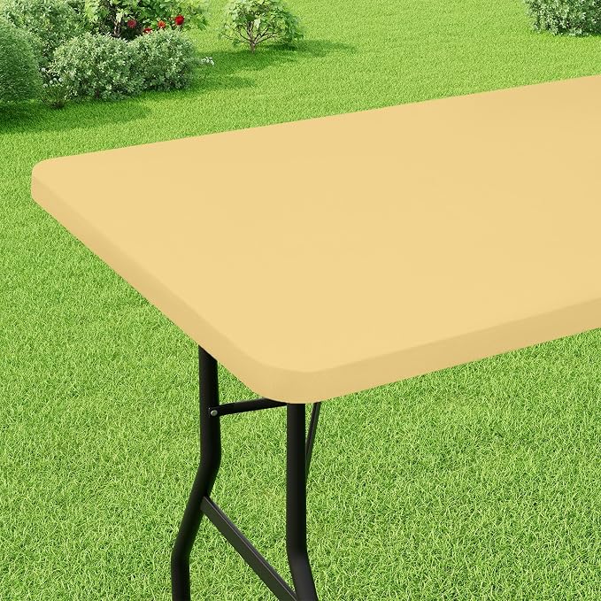 Smiry Rectangle Picnic Table Cloth, Waterproof Elastic Fitted Tablecloths for 6 Foot Tables, Washable Polyester Table Cover for Camping, Indoor and Outdoor (Light Camel, 30"x72")
