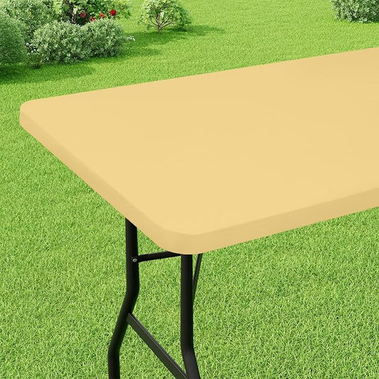 Smiry Rectangle Picnic Table Cloth, Waterproof Elastic Fitted Tablecloths for 6 Foot Tables, Washable Polyester Table Cover for Camping, Indoor and Outdoor (Light Camel, 30"x72")