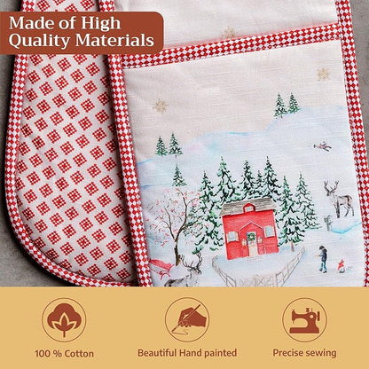Maison d' Hermine Double Oven Mitt (7" x 35") 100% Cotton Heat Resistant BBQ Cooking Gloves with Loop for Thanksgiving Christmas Decorations Baking Cooking Barbeque Handling Hot Pan (Rural Christmas)