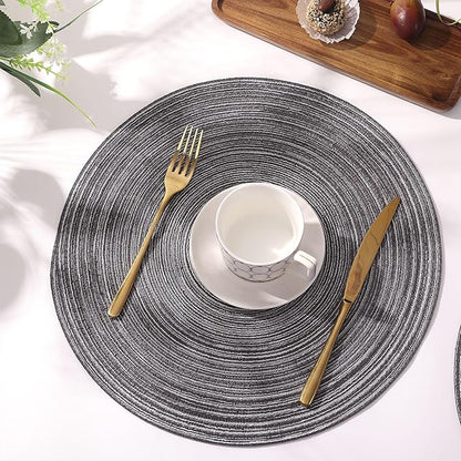 SHACOS Round Placemats Set of 4 Round Braided Placemats 15 inch Cotton Polyester Woven Table Placemats for Dining Table Holiday Party (Black Grey, 4)