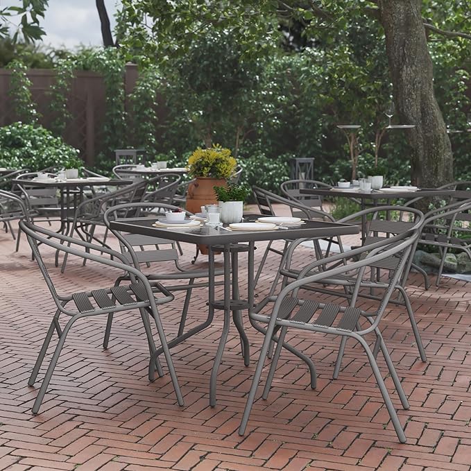 Flash Furniture TLH-0732SQ-017CSV4-GG Lila 31.5'' Square Glass Table with 4 Metal Aluminum Slat Stack Chairs, Silver