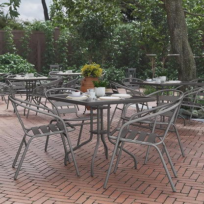 Flash Furniture TLH-0732SQ-017CSV4-GG Lila 31.5'' Square Glass Table with 4 Metal Aluminum Slat Stack Chairs, Silver