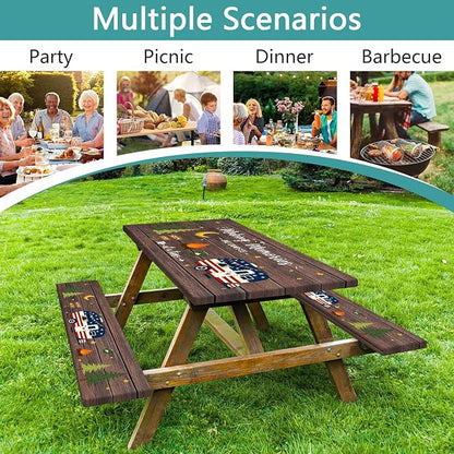 Wooden American Flag RV Picnic Table Cover with Bench Covers 6FT 3PCS, Camping Essentials, Fitted Camping Tablecloth Waterproof Oilproof with Elastic Edge for Indoor Outdoor Garden, 30x60 Inch