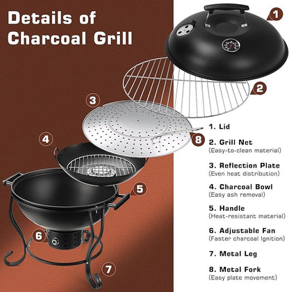 18 Inch Portable Charcoal Grill with Adjustable Fan, Outdoor BBQ Fire Pit, Easy to Light Charcoal/Wood, Small Round Kettle Smoker for Backyard Cooking, Barbeque, Camping, Black