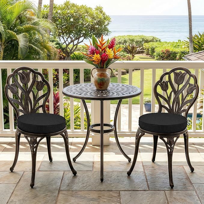 Outdoor Round Chair Cushions 15 Inch, Set of 2, Black | Fade-Resistant, Water-Resistant, Bistro Chair Seat Pads for Porch Garden Balcony Patio Furniture Stools, Non-Slip Bottom