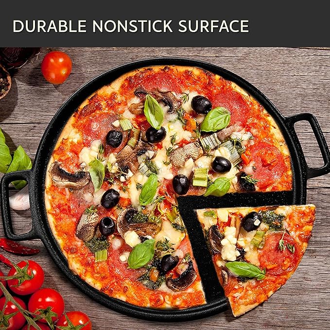 Home-Complete Cast Iron Pizza Pan - 14-Inch Baking Pan for Oven, Stovetop, Grill, or Campfires - Durable, Even-Heating, Versatile Cast Iron Griddle