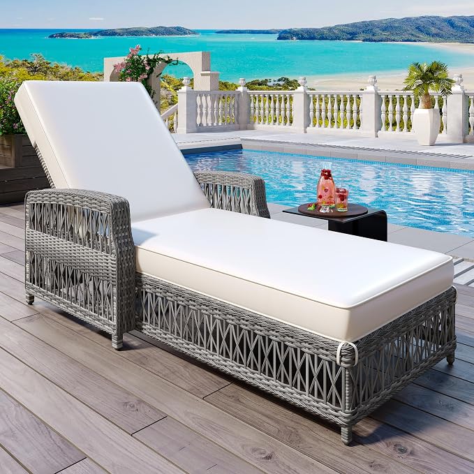 Merax Patio Lounge Chair, Outdoor Rattan Chaise Lounge with 4 Adjustable Backrest and Armrests, All Weather Wicker Reclining Pool Sunbathing Chair & Soft Removable Cushions for Poolside, Garden, Beige