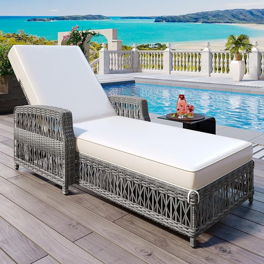 Merax Patio Lounge Chair, Outdoor Rattan Chaise Lounge with 4 Adjustable Backrest and Armrests, All Weather Wicker Reclining Pool Sunbathing Chair & Soft Removable Cushions for Poolside, Garden, Beige