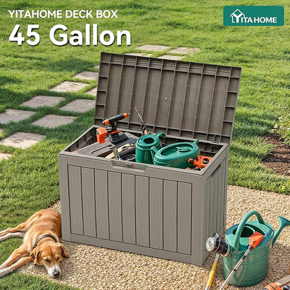 YITAHOME Outdoor Storage Box, 45 Gallon Waterproof Resin Deck Box, Lockable Organizer for Patio, Poolside, Deck, Cushions, Throw Pillows, Garden Tools, Brown