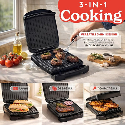 Gourmia Indoor Grill & Panini Maker – 4 Serving Contact or Open Grill, Nonstick Ceramic, Preheat Indicator Light, Slope Design with Removable Dishwasher Safe Drip Tray