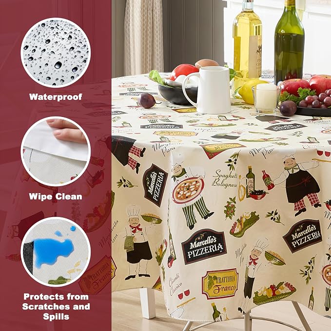 Newbridge 70 Inch Round Vinyl Tablecloth with Flannel Backing, Italian Bistro Chef, Novelty Chef Indoor Outdoor Waterproof Table Cover for Picnic, Barbecue, Patio and Kitchen Dining, Ivory