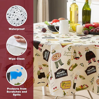 Newbridge 70 Inch Round Vinyl Tablecloth with Flannel Backing, Italian Bistro Chef, Novelty Chef Indoor Outdoor Waterproof Table Cover for Picnic, Barbecue, Patio and Kitchen Dining, Ivory