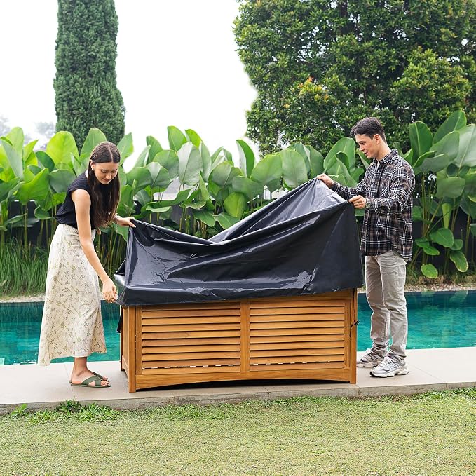 Cambridge Casual Arie Teak Outdoor Deck Storage Box Include Free Water Resistant Furniture Cover – 130 Gallon Wooden Patio Storage Box