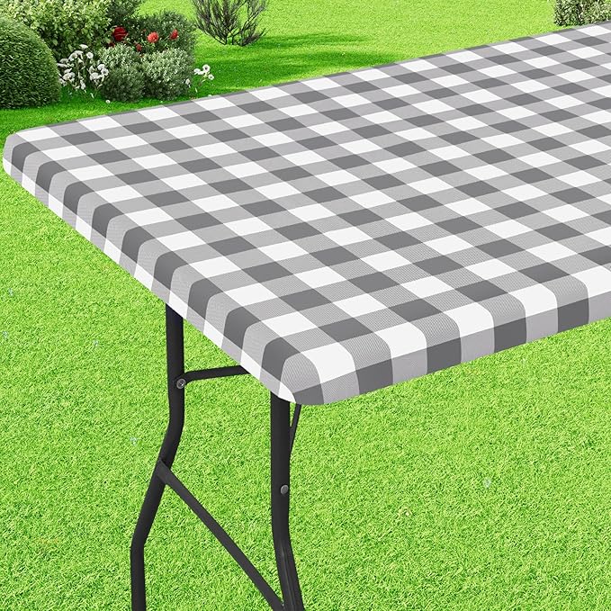 Buffalo Rectangle Picnic Tablecloth, 6 Foot Elastic Fitted Vinyl Table Cloth with Flannel Backing, Waterproof Plaid Table Covers for Dining, Camping, Outdoor (Grey and White, 30" x 72")