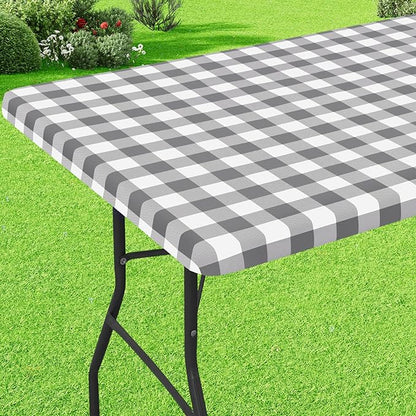 Buffalo Rectangle Picnic Tablecloth, 6 Foot Elastic Fitted Vinyl Table Cloth with Flannel Backing, Waterproof Plaid Table Covers for Dining, Camping, Outdoor (Grey and White, 30" x 72")