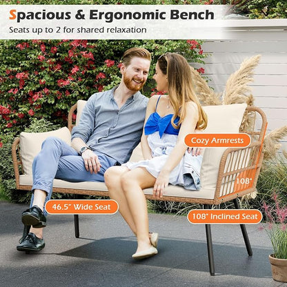 Tangkula Patio Wicker Loveseat, Outdoor 2-Seater PE Rattan Sofa with Pillows, Cushions, Metal Frame & Adjustable Foot Pads, 800 lbs Outside Couch for Porch, Backyard & Poolside (Off White, 50.5" L)