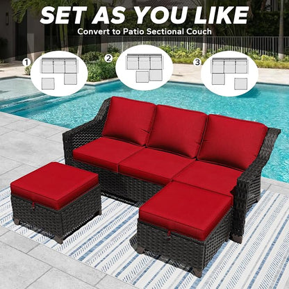 3 Pieces Outdoor Conversation Furniture Set - 77" Patio Sofa, 2 Rattan Wicker Ottomans, Patio Wicker Couch Set with Water-Resistant and Washable Cushions for Sunroom, Deck, Porch (Red)