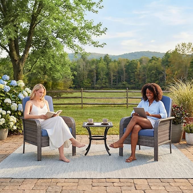 GarveeLife Set of 2 Wicker Patio Chairs, Gray Gradient Rattan with Blue Seat Cushion, Heavy Duty, for Backyard or Poolside