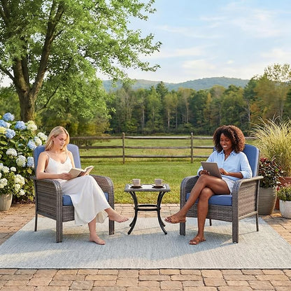 GarveeLife Set of 2 Wicker Patio Chairs, Gray Gradient Rattan with Blue Seat Cushion, Heavy Duty, for Backyard or Poolside