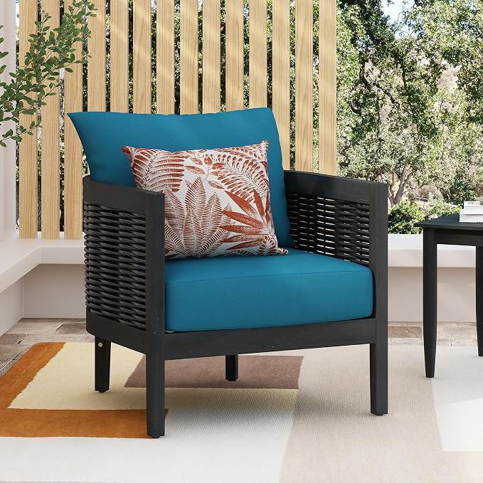 Christopher Knight Home Newine Acacia Wood Patio Accent Chair, Wooden Lounge Chair Outdoor, Wicker Club Chair with Removable Cushion, Comfy Reading Chair for Backyard/Garden/Balcony, Black+Dark Teal
