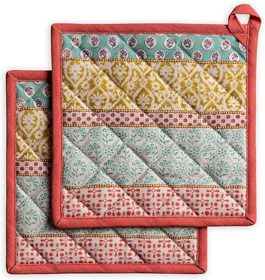 Maison d' Hermine Pot Holders 100% Cotton Heat Resistant Potholders 8" x 8" Hot Pads with Loop BBQ Cooking Baking Hotel Farmhouse Kitchen Handling Hot Pans Spring Summer (Pack of 2, Provence)