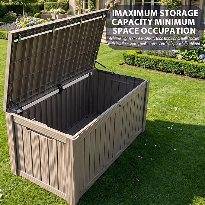 150 Gallon Large Outdoor Storage Box Waterproof, UV Resistant Resin Deck Box with Hydraulic Rod for Patio Furniture,Garden Tools,Cushions, Easy to Installl（Grey）