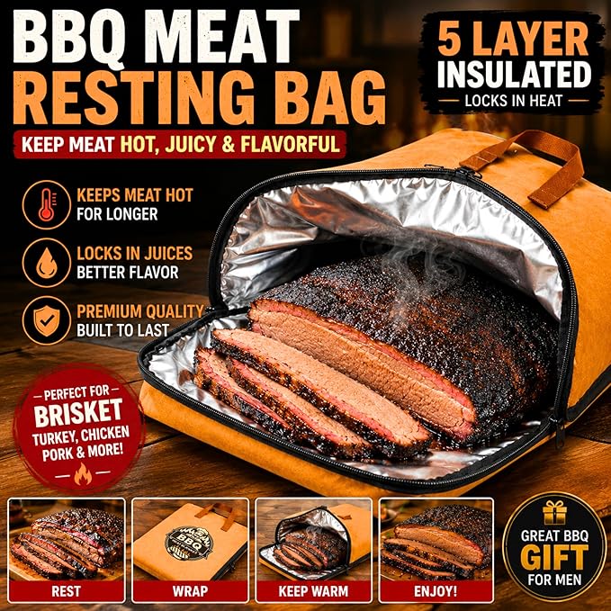 BBQ Blanket for Resting Meat – 21" 5-Layer Insulated Meat Resting Bag for Brisket, Turkey & Chicken | Food Warmer Bag for Smoking | BBQ Gifts for Men, Dad, Husband & Boyfriend