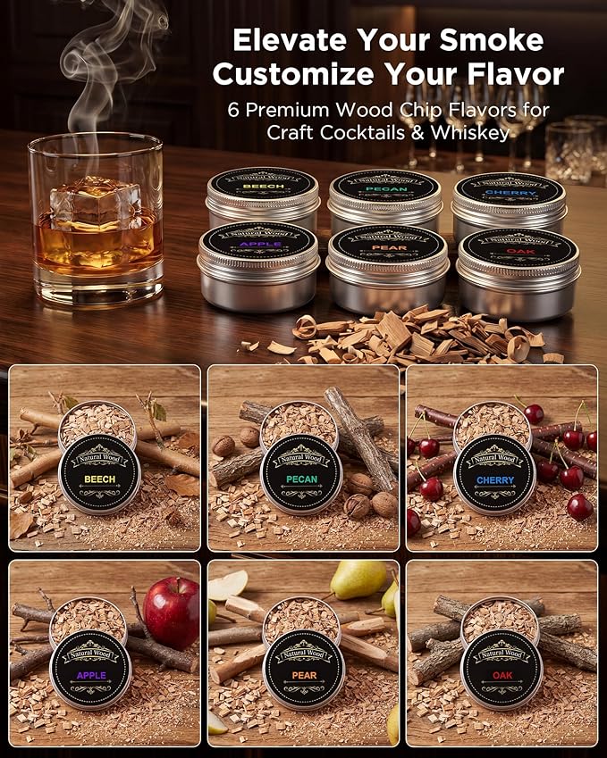 Electric Whiskey Smoker Kit - Rechargeable Cocktail Smoker with 6 Wood Chip Flavors - Smoke Infuser for Old Fashioned & Bourbon Cocktails - No Butane Needed - Father’s Day Gift for Men (Rich Oak)