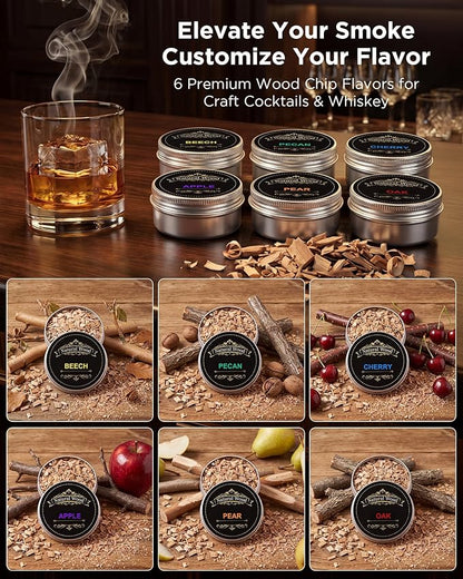 Electric Whiskey Smoker Kit - Rechargeable Cocktail Smoker with 6 Wood Chip Flavors - Smoke Infuser for Old Fashioned & Bourbon Cocktails - No Butane Needed - Father’s Day Gift for Men (Rich Oak)