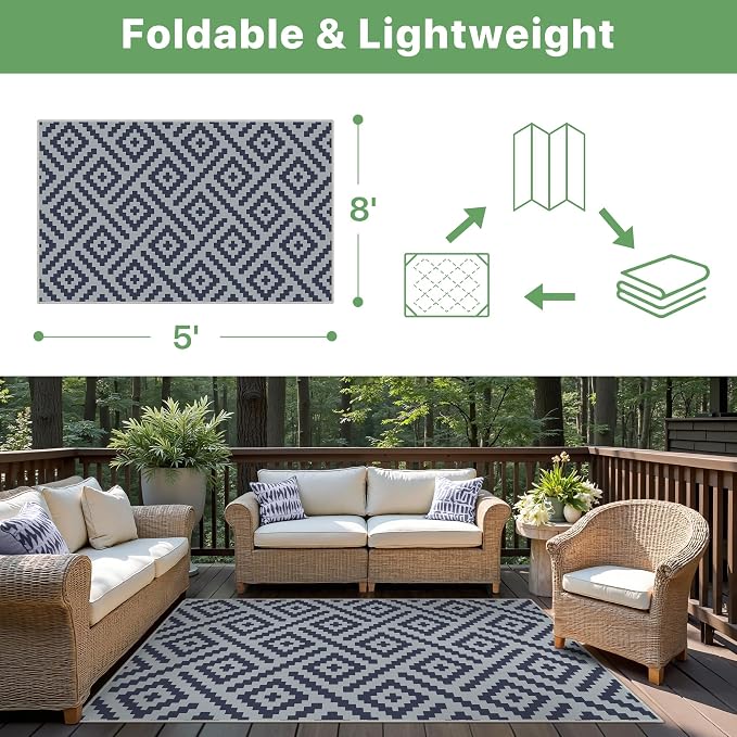 GENIMO Outdoor Rug, Waterproof Plastic Rugs for Patio, 5'x8' Slate Blue | Outside Larger Modern Carpet Mat for Porch Decor, Deck, Balcony, Camping, RV, Backyard, Picnic, Beach, Reversible, Foldable