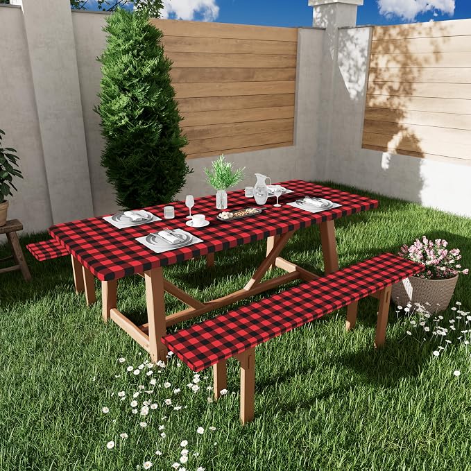 Smiry Picnic Table Cover with Bench Covers, Waterproof Elastic Fitted Tablecloths for 8 Foot Rectangle Tables, Washable Buffalo Plaid Tablecloth for Camping, Outdoor & Christmas (Black & Red, 30"x96")