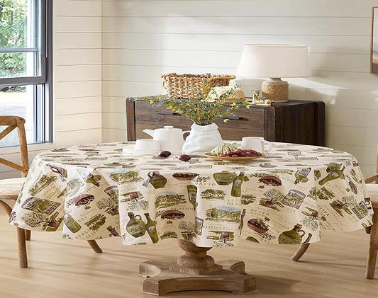 Newbridge 60 x 84 Inch Oval Vinyl Tablecloth with Flannel Backing, Lucca Olive Oil Print, Indoor Outdoor Waterproof Table Cover, Picnic, Barbeque, Patio and Kitchen Dining, Tuscan Countryside
