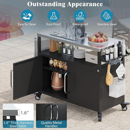 54.5" Outdoor Kitchen Island with Stainless Steel Tabletop, Metal Grill Cart Table with Storage Cabinet, Spice Rack and Towel Rack, Outdoor Bar Cart with 4 Lockable Wheels for Outside BBQ (Black--@13)