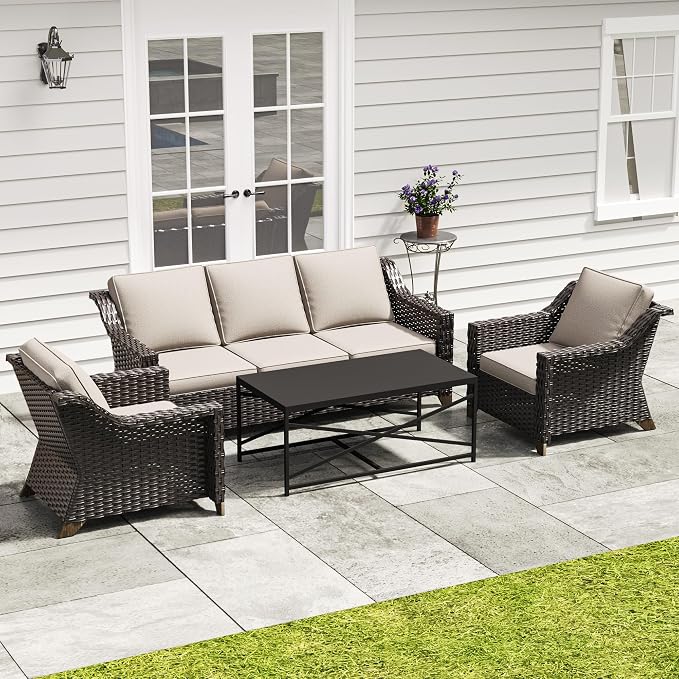 4 Piece Patio Furniture Set, Wicker Outdoor Conversation Set | Patio Chair Set with Olefin Removable Cushion, All-Weather Outdoor Couch with Deep Seat for Porch, Deck and Backyard, Beige