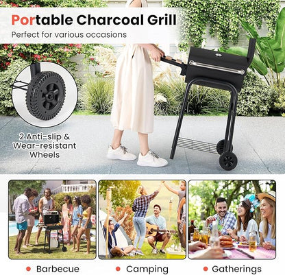 Happygrill Barrel Charcoal Grill, Outdoor BBQ Smoker Grill w/Foldable Side Table, Built-in Thermometer, Storage Shelf, Adjustable Air Vent, Portable Barbecue Grills w/Wheels for Camping & Picnic