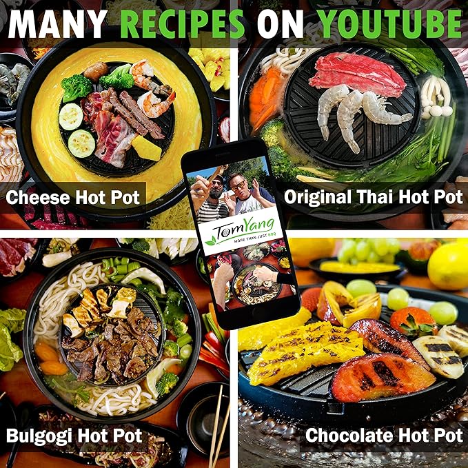 TomYang Korean Bbq Grill Pan, 13 inch, Camping Pan, Stove Top Non-stick Coating, More than 100 Recipe Videos, KBBQ pan, 4 x Bamboo tongs, Dishwasher, Grill Pan, Korean food