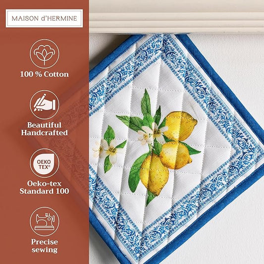 Maison d' Hermine Pot Holders 100% Cotton Heat Resistant Potholders 8" x 8" Hot Pads with Loop BBQ Cooking Baking Hotel Farmhouse Kitchen Handling Hot Pans Spring Summer (Pack of 2, Cedrat)