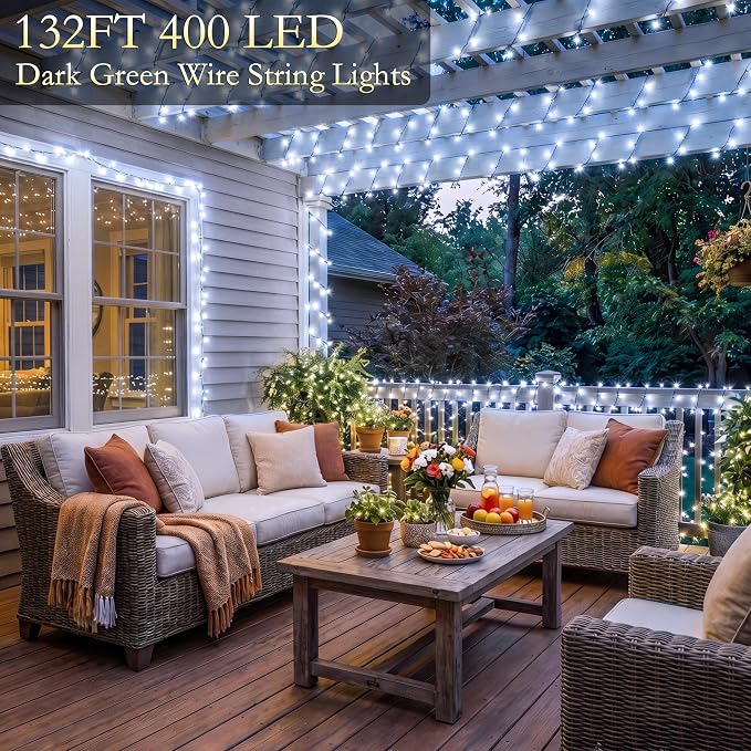 132FT 400 LED White Fairy Lights, Dark Green Wire 8 Modes Timer, IP44 Waterproof Outdoor Indoor String Lights for Patio Garden Backyard Bedroom Classroom Weeding Christmas Decor