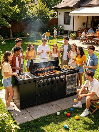82" Outdoor Kitchen Island with 6 Burner Grill, Sink & Beverage Fridge, 85,000 BTU BBQ Grill Station for Backyard Entertaining, 304 Stainless Steel Patio Cooking Island,Black