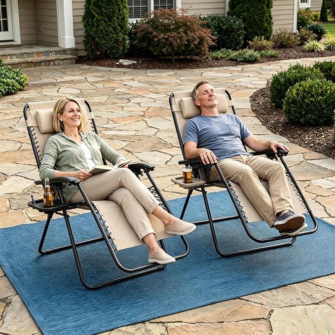 Adjustable Folding Lounge Chair, Portable Camping Chair for Adults with Headrest, Reclining Outdoor Chair with RemovableTray, Foldable Low Beach Chair for Camping, Picnic, Travel, Khaki