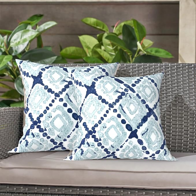 LVTXIII 2 Pack Outdoor Throw Pillow Covers for Patio Furniture, 16x16 Inch Square Pillow Case, Water-Repellent Cushion Covers for Garden, Porch, Sofa, Boho Geometry Blue
