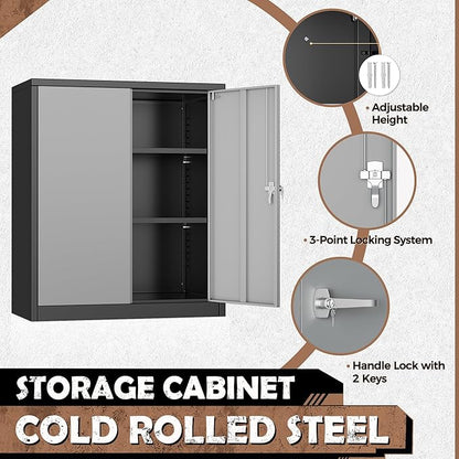 INTERGREAT Metal Garage Storage Cabinet, 36" Locking Counter Cabinet with 2 Locking Doors and 2 Adjustable Shelves, Small Steel Cabinet for for Home Office, Gym, School(Black Grey)
