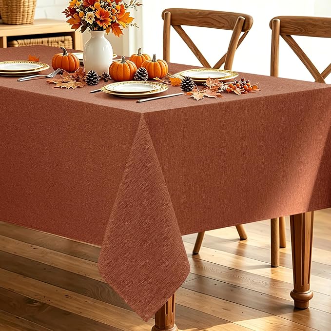 Decorelia Fall Rectangle Tablecloth for Dining Table Burnt Orange,60"x84" | Waterproof Linen Texture Terracotta Washable Rectangluar Table Cloth Cover for Thanksgiving,Party Autumn Home Kitchen Decor